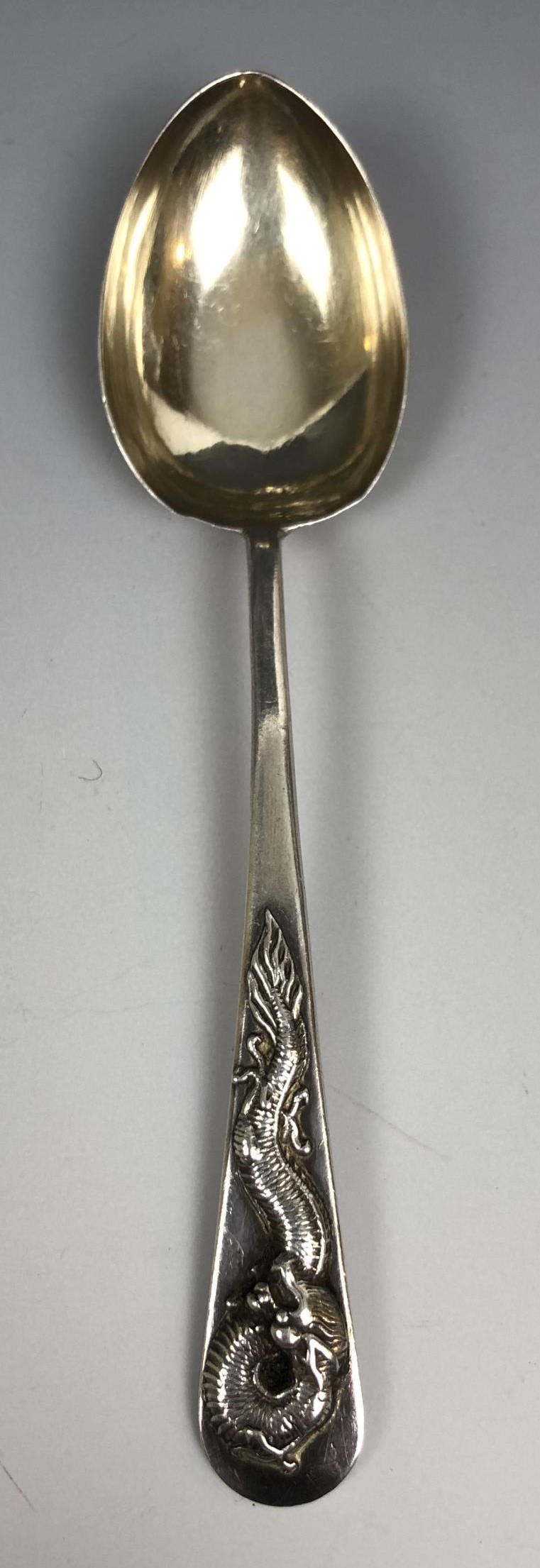 A set of twelve Chinese silver coloured metal spoons, the handles applied dragons, Wang Hing 5.0 - Image 2 of 4