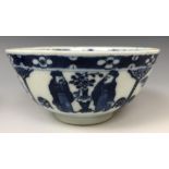 A pair of Chinese porcelain bowls, decorated panels of figures and landscapes in underglaze blue,