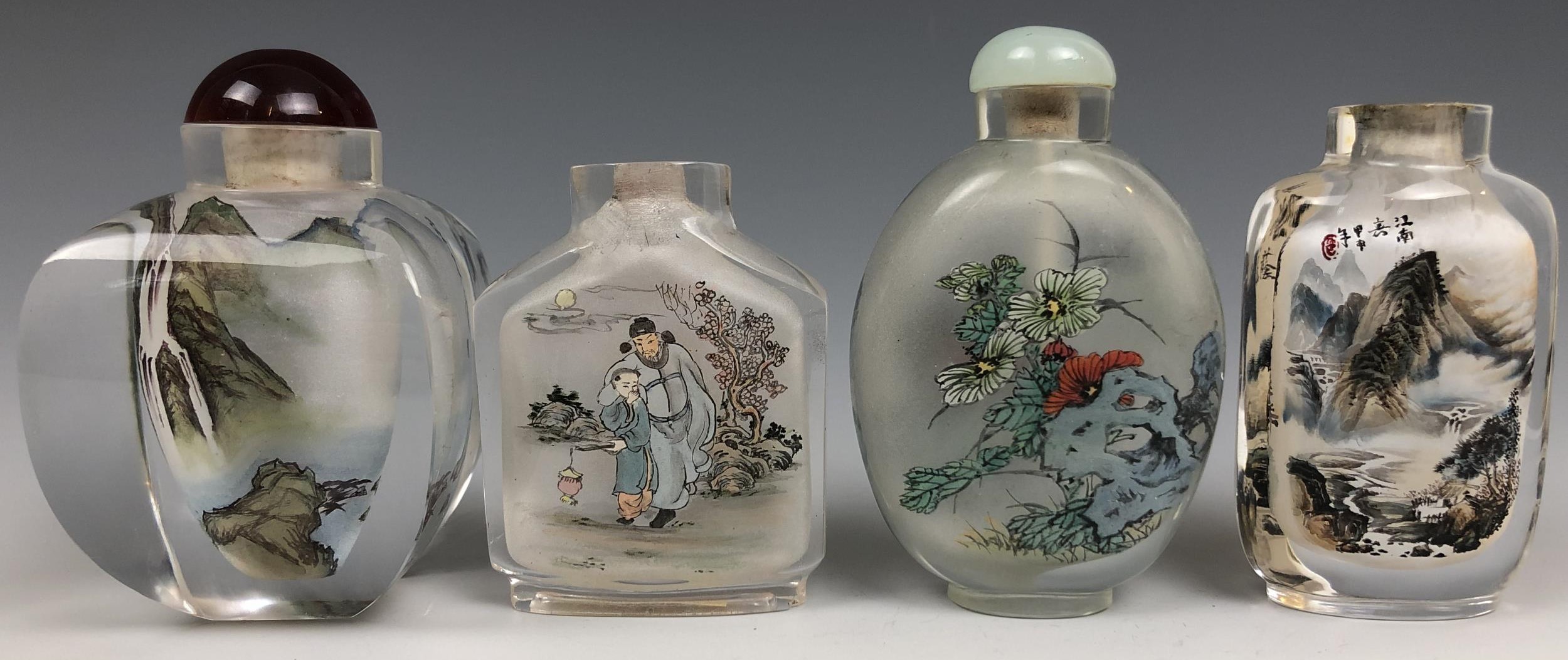 A Chinese glass snuff bottle, interior painted a landscape, 8 cm high, and three others - Image 2 of 3