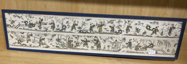 A pair of Chinese silk embroidered sleeve bands, in a frame, 16.5 x 75 cm, and two other pairs in