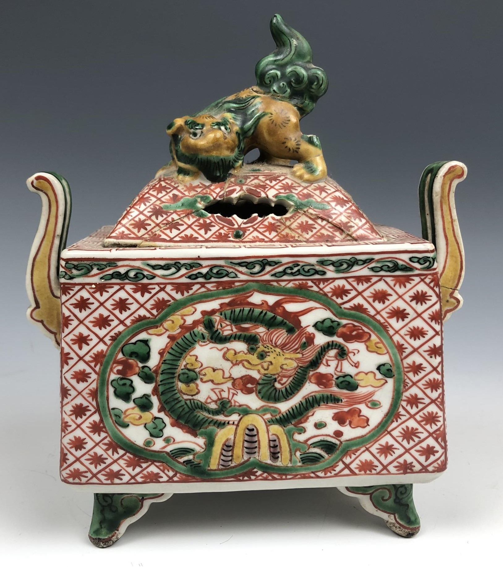 A pair of Chinese two handled censers and covers, decorated dragons, 17 cm high (2) some damage - Image 2 of 11