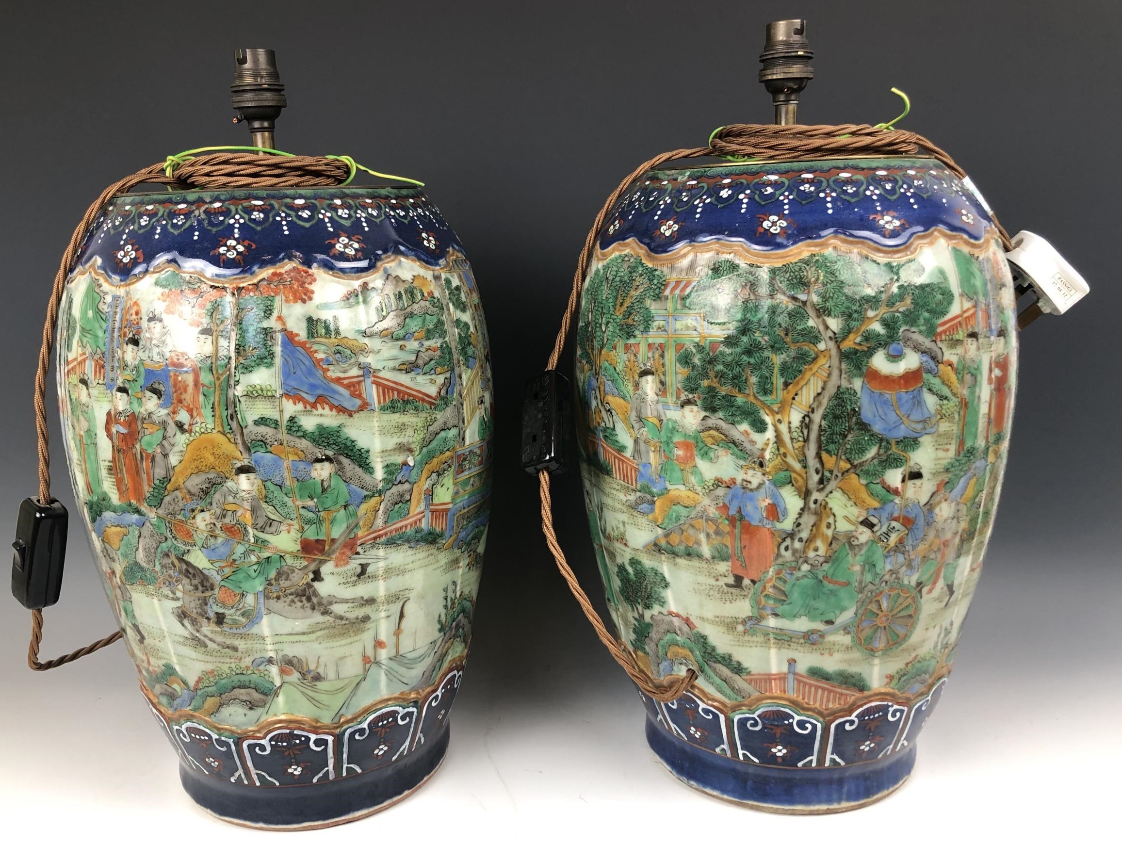 A large pair of Chinese vases, of lobed ovoid form, decorated figures in enamel colours, drilled and - Image 4 of 5