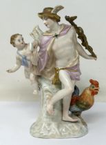 A Dresden group, of a man and cherub with a cockerel, 22 cm high