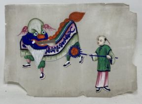A Chinese pith picture, a figure and a dragon, 15 x 10 cm, and four others, various losses, a