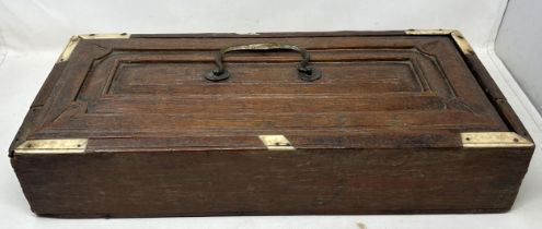 An Islamic carved wood and bone box, with a fitted interior, 50 cm wide