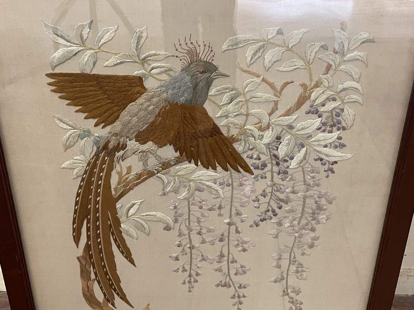 A silk embroidered panel, decorated an exotic bird and blossom, inset in a firescreen with a - Image 3 of 4