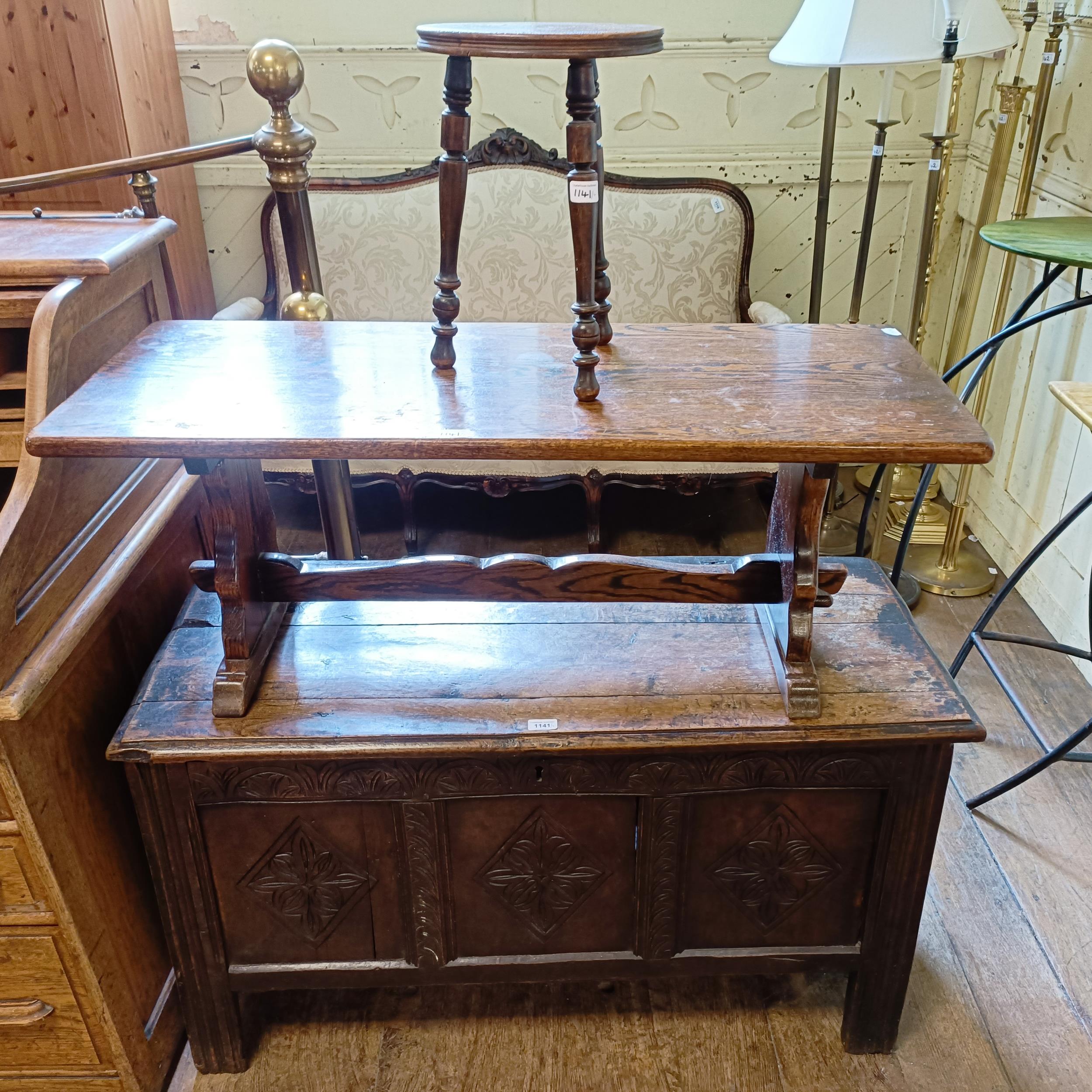 An oak coffer, 112 cm wide,  an oak coffee table and a stool (3)