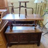 An oak coffer, 112 cm wide,  an oak coffee table and a stool (3)