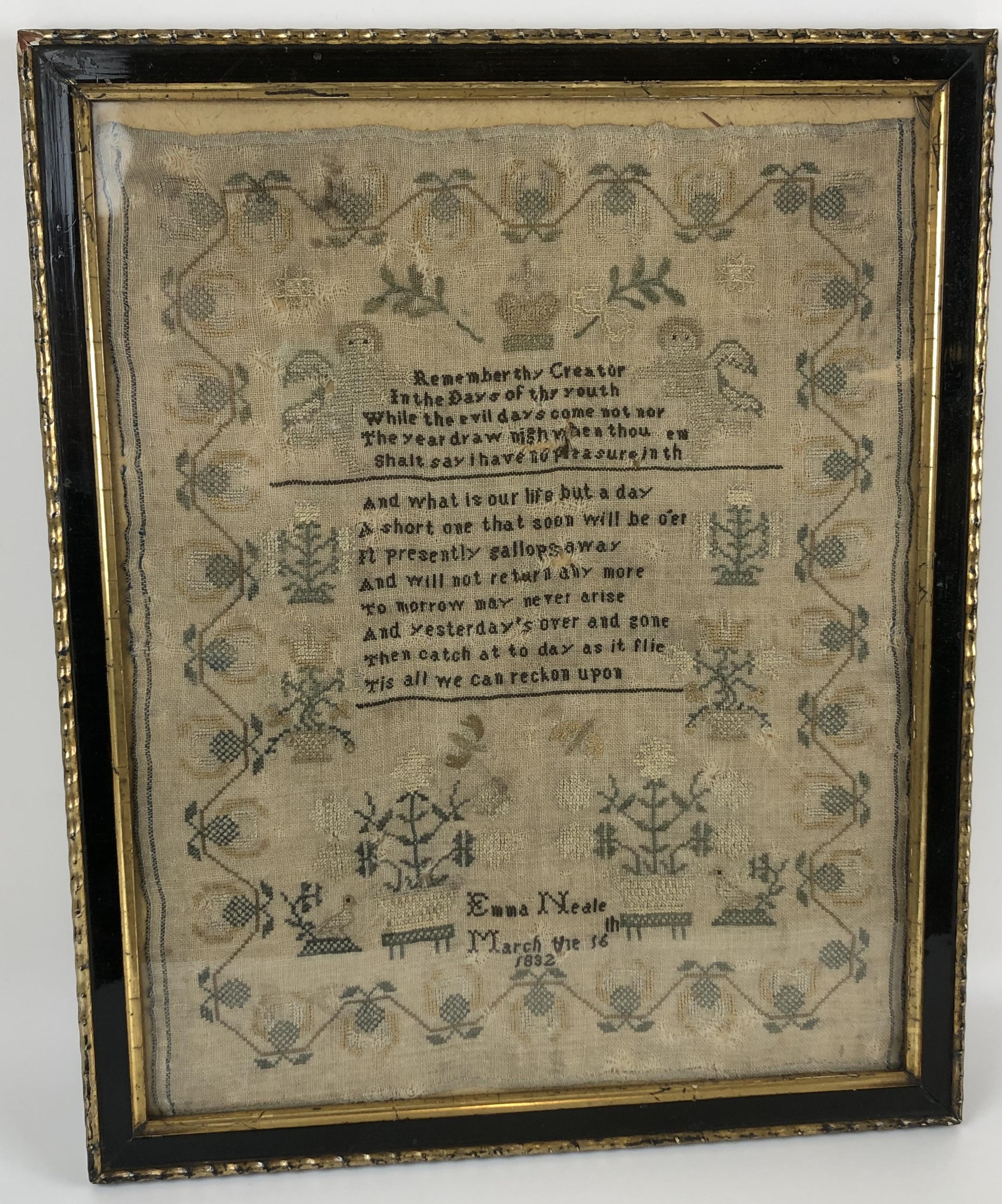 A 19th century sampler, signed Emma Neale, dated March 16th 1832, 43 x 37 cm Various holes and