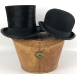 A moleskin top hat, in a hat box, and a bowler hat in a card hat box (2)