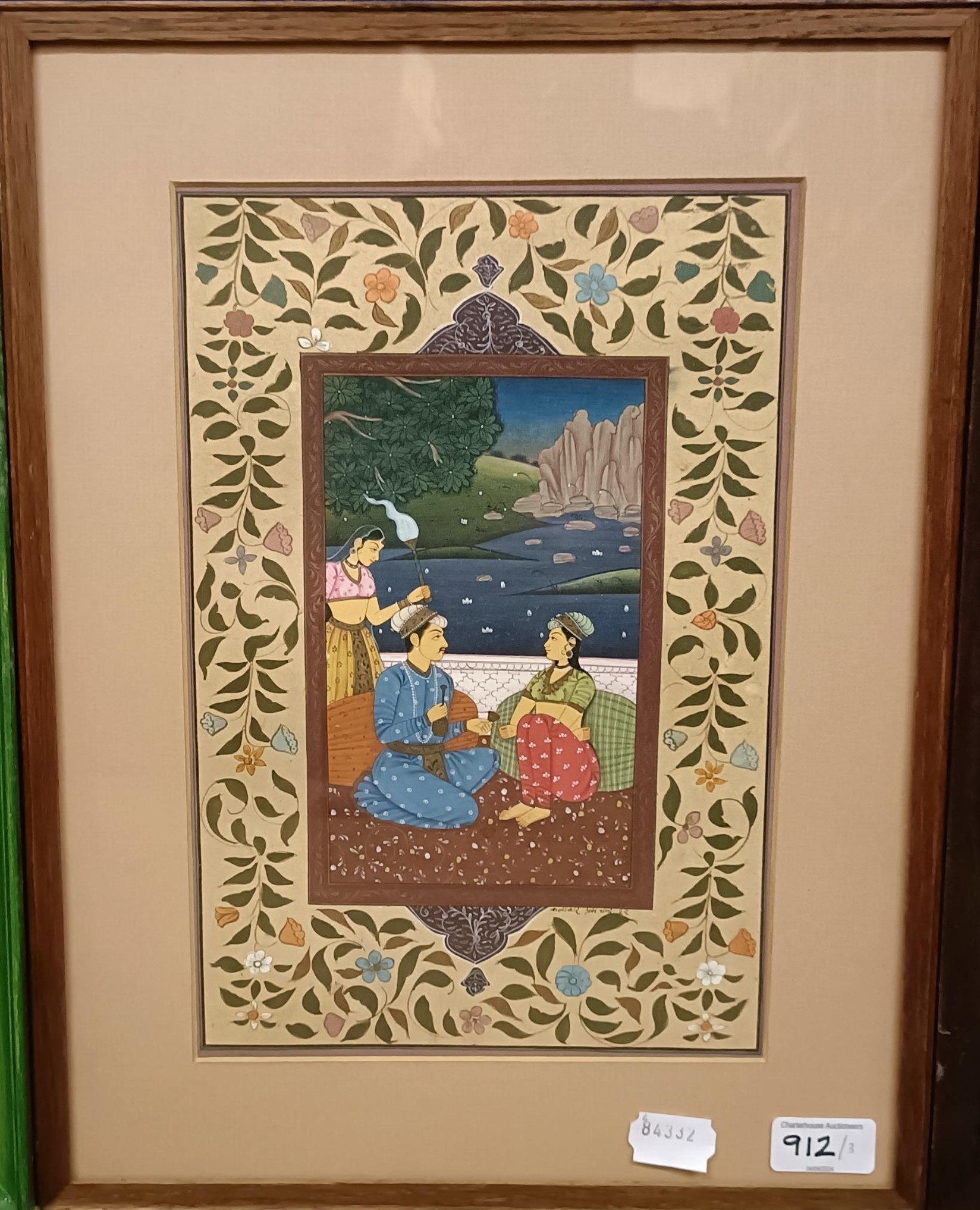 A fan picture, two figures by a waterfall, 44 cm wide, mounted, and two others, Persian school, - Image 3 of 15