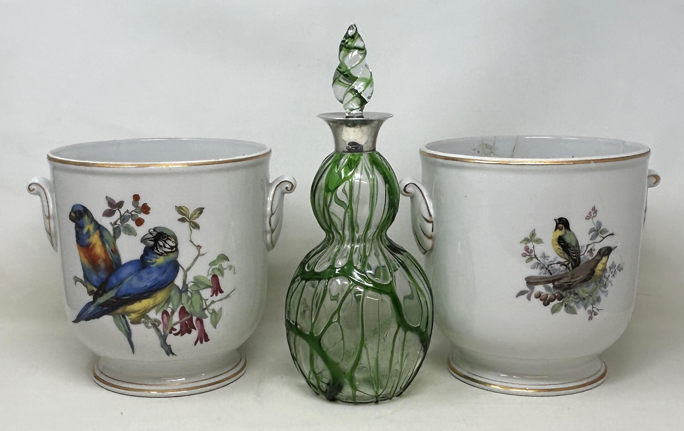 A 20th century clear and green glass decanter, with a silver mount, and a pair of porcelain wine - Image 4 of 6
