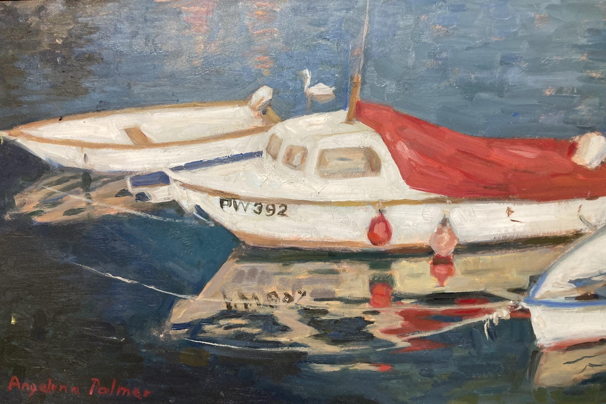 Anthea Palmer, moored boats, oil on board, signed, 22 x 42 cm, Des Armour, landscape, oil on