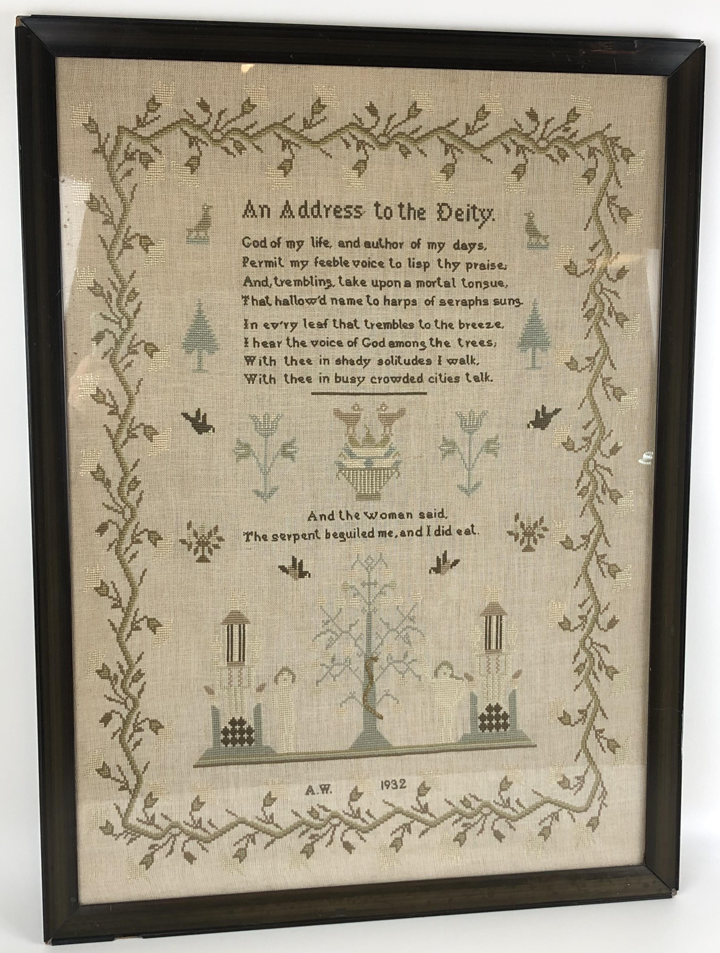 A sampler, AN ADDRESS TO THE DEITY, initialled AW, 1932, framed and glazed, 66 x 47 cm