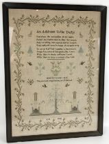 A sampler, AN ADDRESS TO THE DEITY, initialled AW, 1932, framed and glazed, 66 x 47 cm