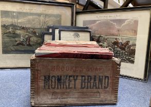 A Monkey Brand vintage wooden soapbox, assorted history magazines, and assorted prints