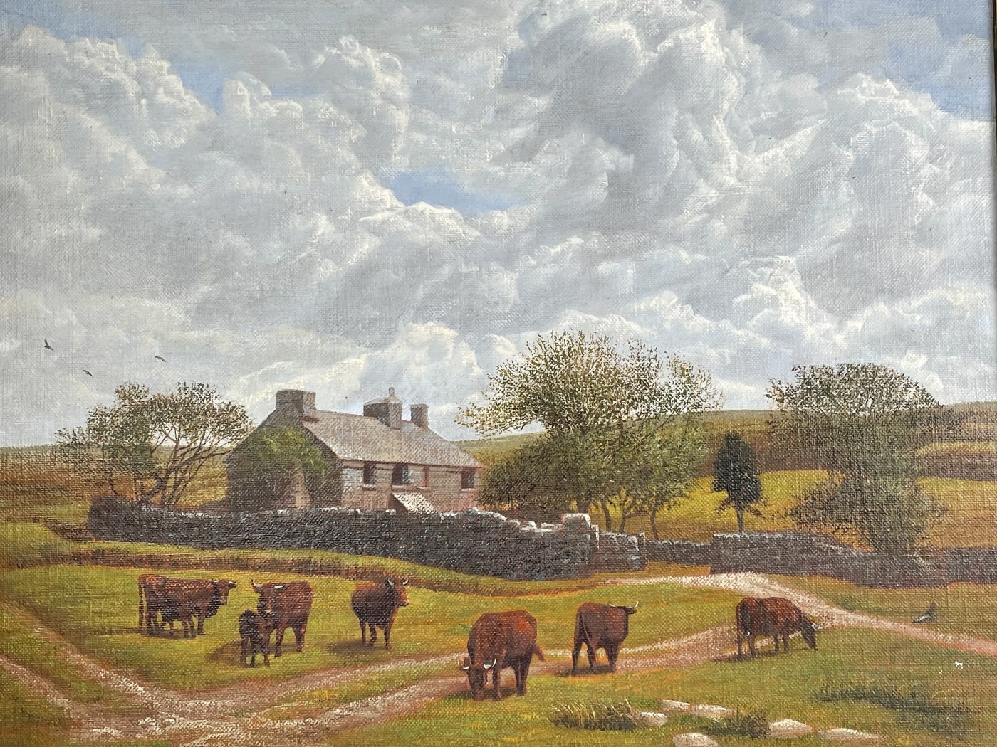 20th century, English school, a farmyard scene with castle, oil on canvas, 40 x 50 cm, an