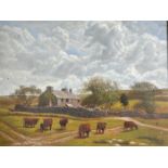 20th century, English school, a farmyard scene with castle, oil on canvas, 40 x 50 cm, an