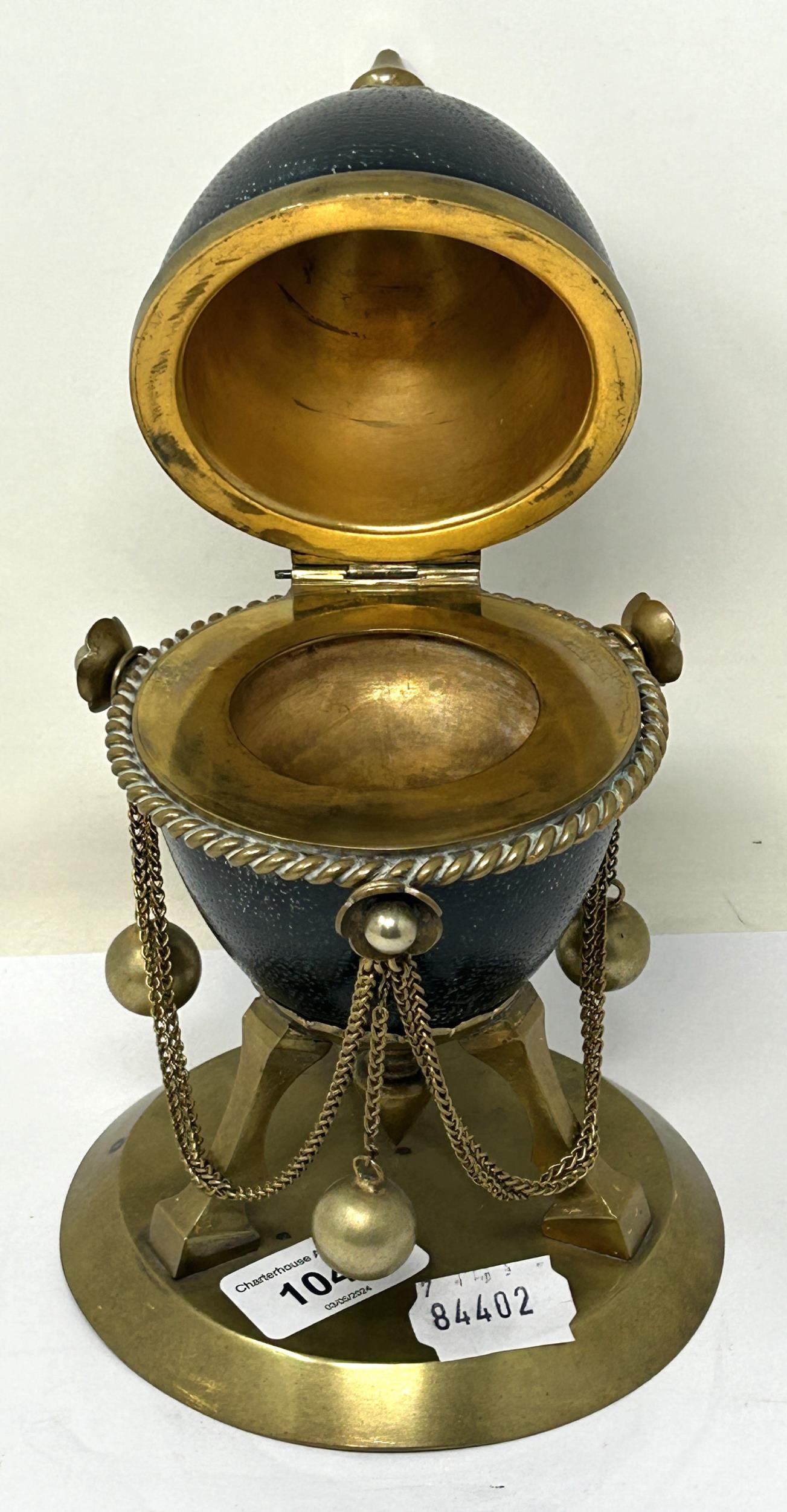 A late 19th century novelty inkstand, in the form of a brass mounted Emu egg, 23 cm high - Image 2 of 4