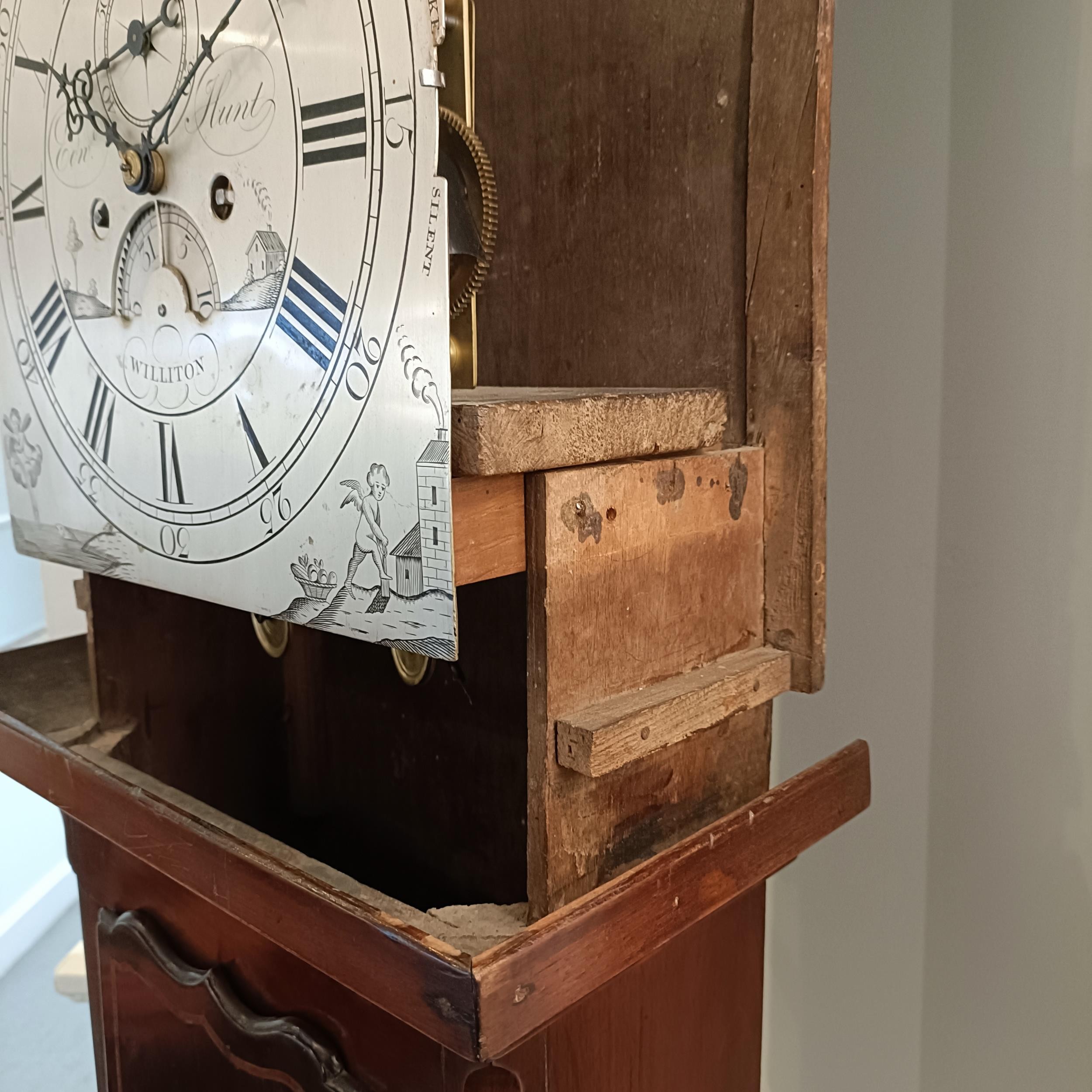 A longcase clock, the 30 cm arched square silvered dial, signed E D W Hunt, Williton, the chapter - Image 10 of 12