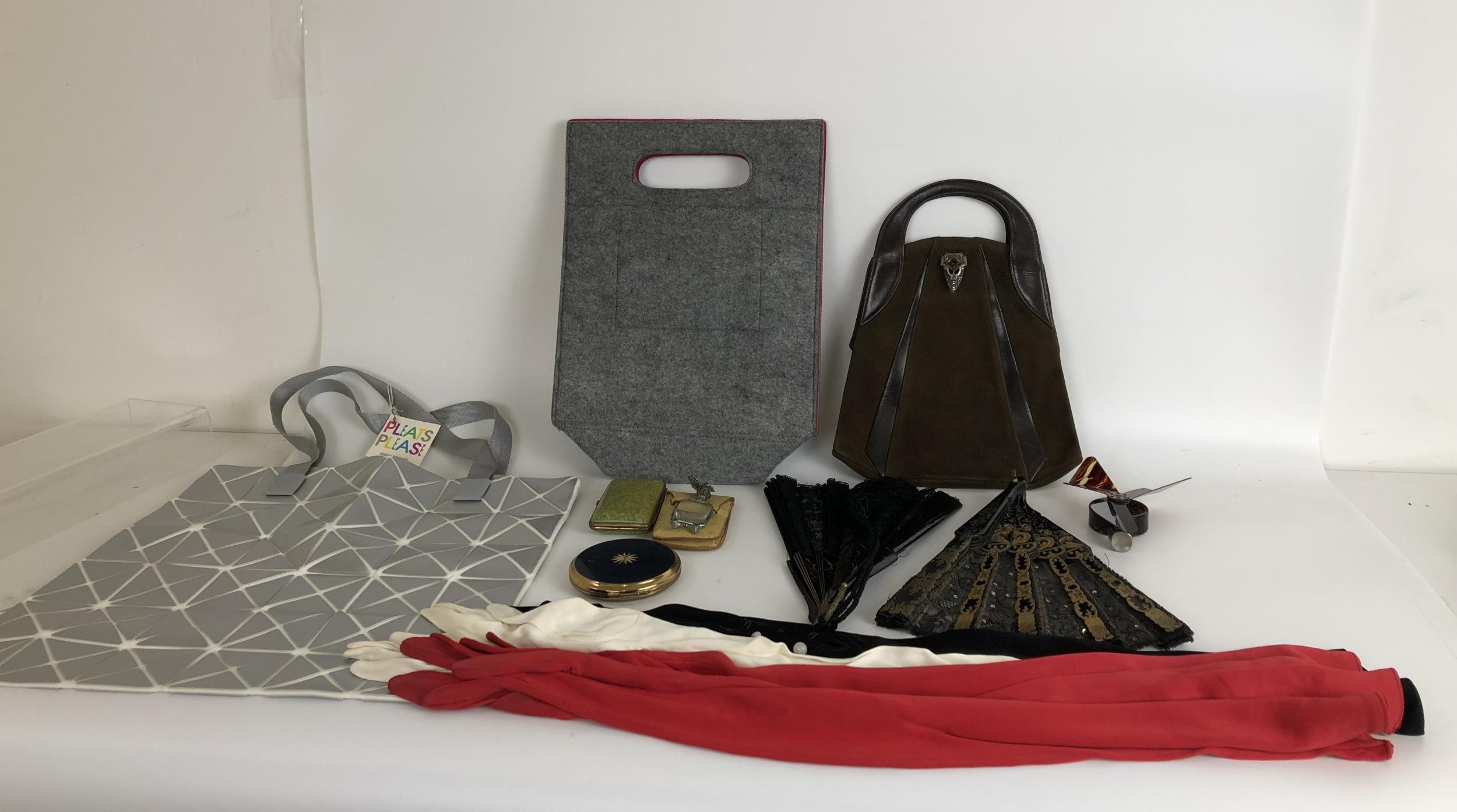 An Art Deco style handbag, two fans, and assorted other fashion textiles (box)
