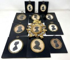 A silhouette, in a Florentine style carved giltwood frame, some loss, 20 x 14 cm, and assorted