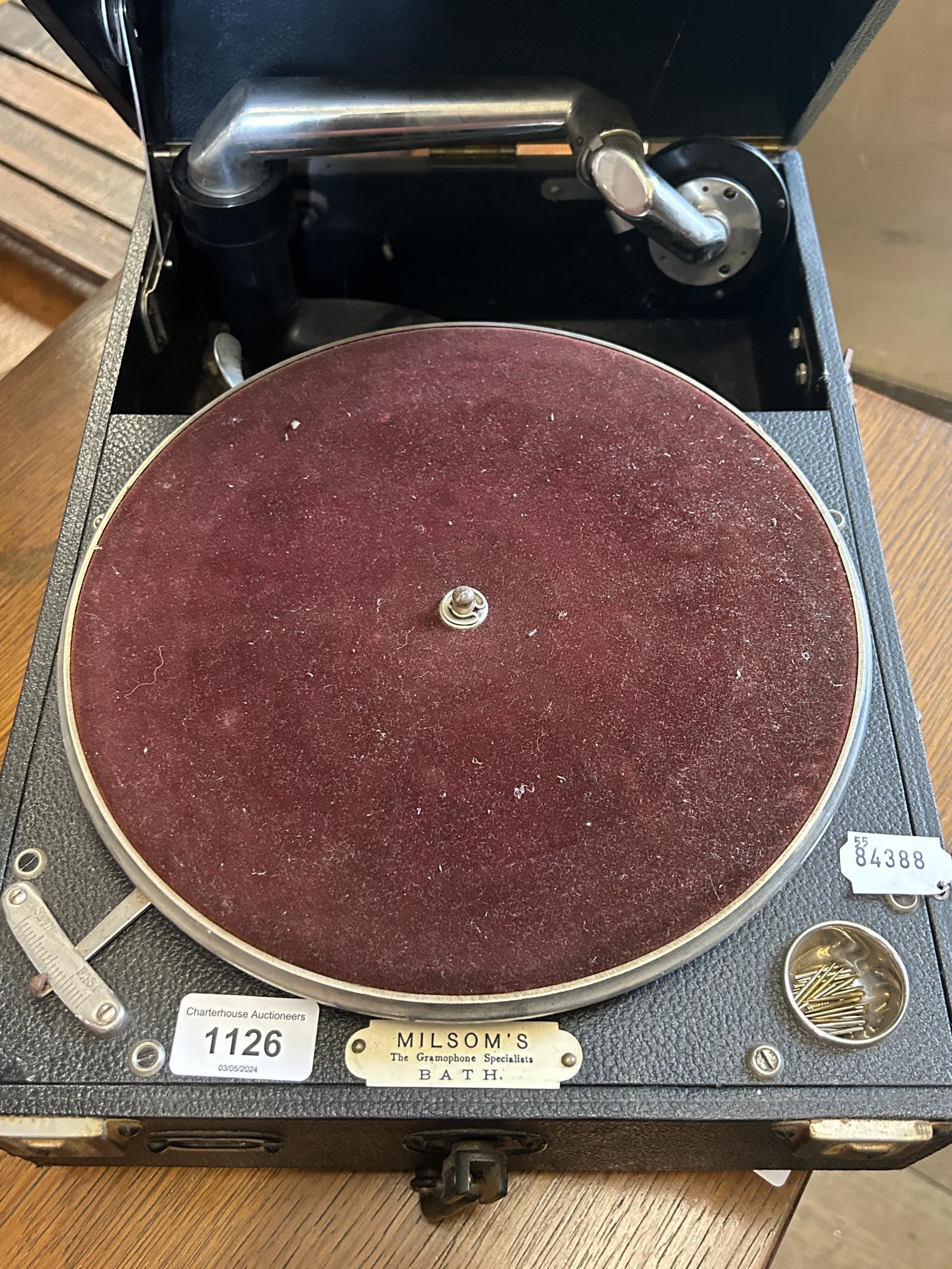 A Milsom's portable gramophone, 28 cm wide - Image 2 of 3