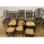 A pair of oak armchairs, eight other chairs and two stools (11)