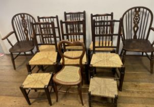A pair of oak armchairs, eight other chairs and two stools (11)