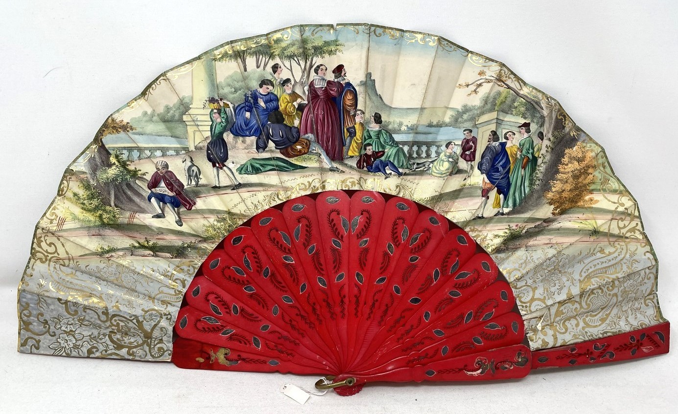 A carved wood fan, silk painted flowers, 25 cm, boxed, and three other fans (4) - Image 11 of 15