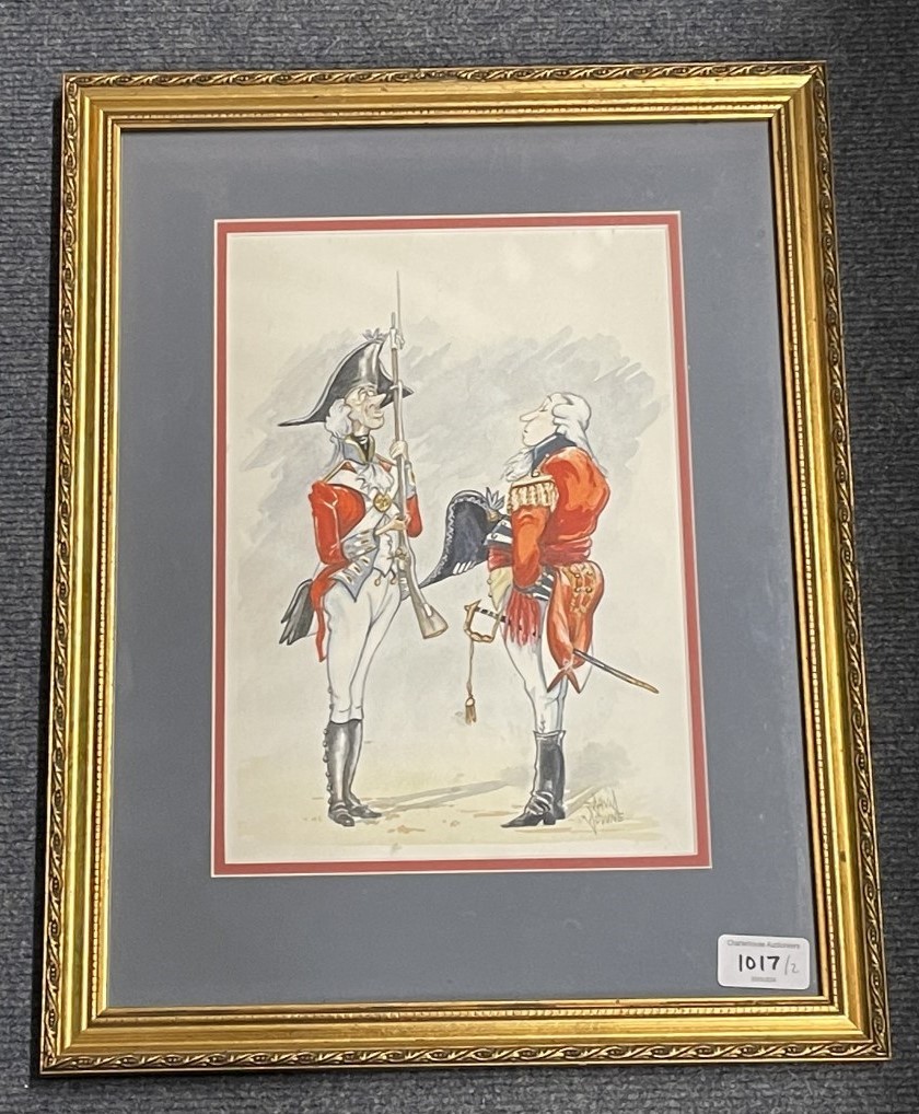 David Downe, a cartoon of two soldiers, watercolour, signed, 30 x 20 cm and a comical print, 26 x 28