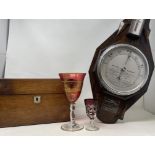 A rosewood box, a barometer, in an oak case, and assorted other items (4 boxes)