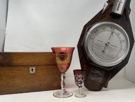 A rosewood box, a barometer, in an oak case, and assorted other items (4 boxes)