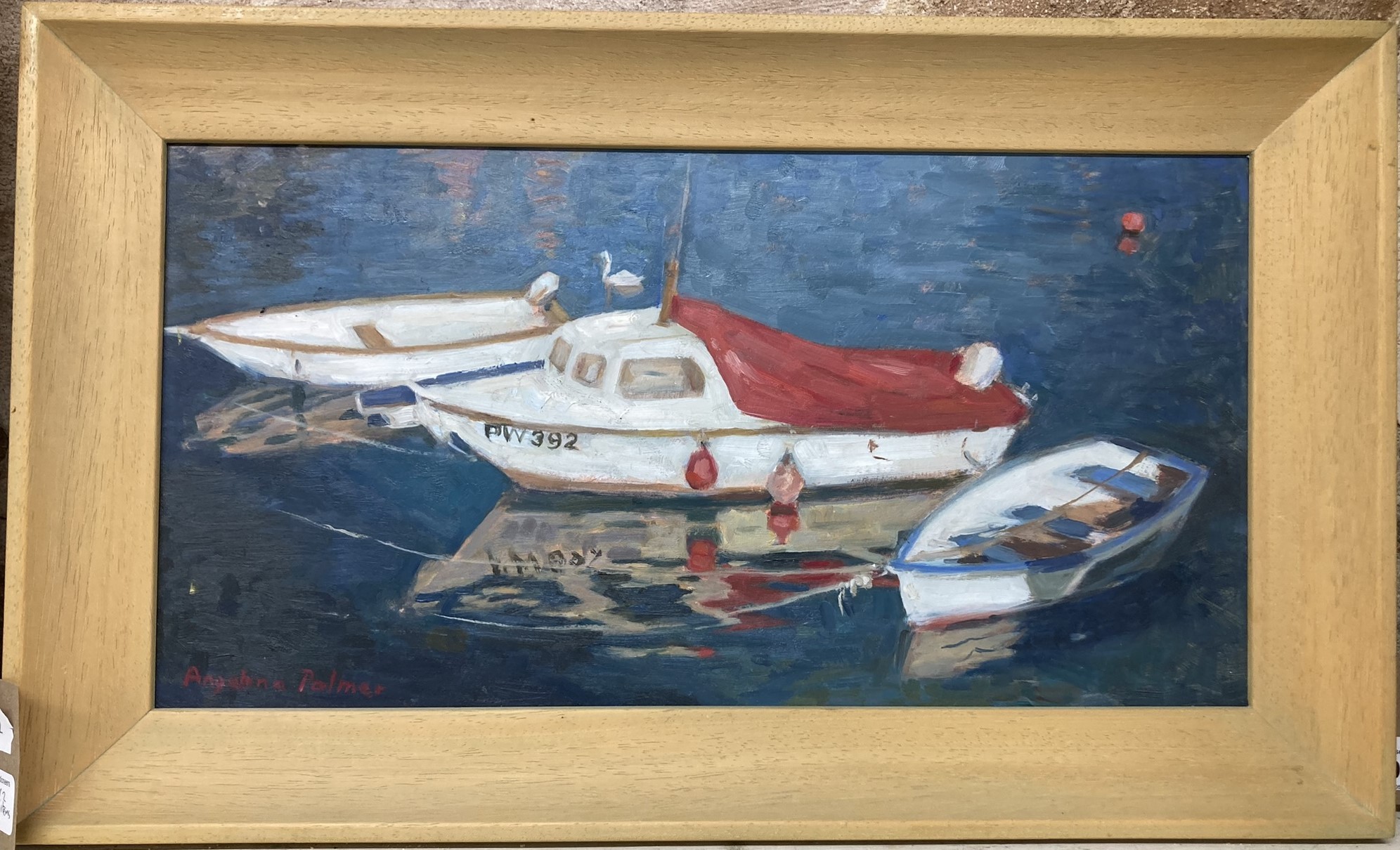 Anthea Palmer, moored boats, oil on board, signed, 22 x 42 cm, Des Armour, landscape, oil on - Image 2 of 3