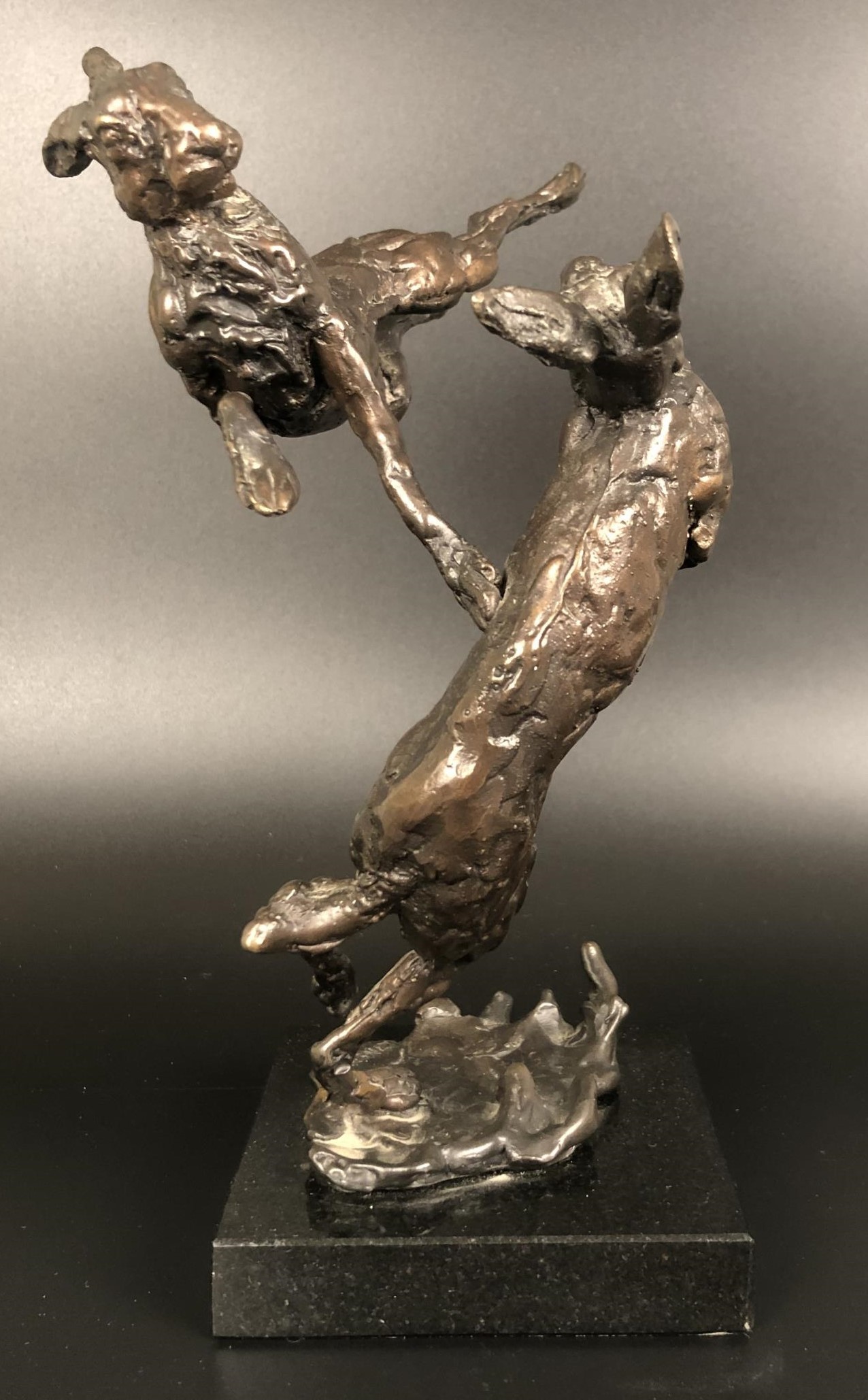***Withdrawn*** A bronze group,  of two hares boxing, on a polished slate base, 24 cm high - Image 2 of 4