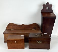 An oak candle box, 45 cm high, another, two boxes and two silver teaspoons (6)