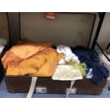 A silk shawl, assorted vintage textiles and costumes (suitcase)