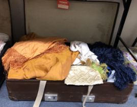 A silk shawl, assorted vintage textiles and costumes (suitcase)
