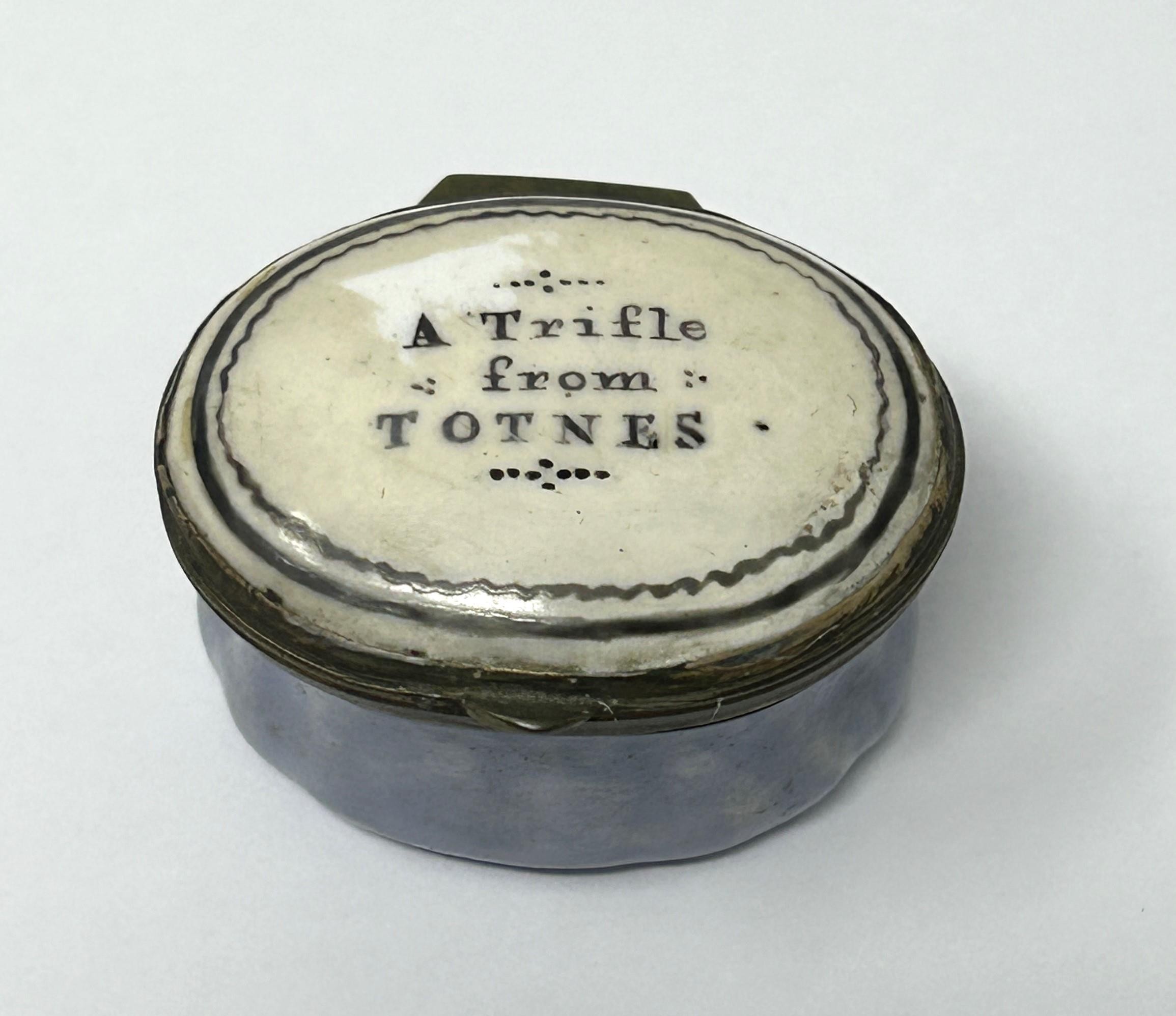 A George III enamel patch box, the lid reading A Trifle From Totnes, 2.4 cm wide some restoration - Image 2 of 5