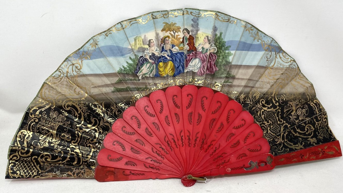 A carved wood fan, silk painted flowers, 25 cm, boxed, and three other fans (4)
