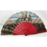 A carved wood fan, silk painted flowers, 25 cm, boxed, and three other fans (4)