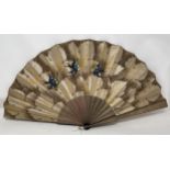 A lacquered fan, silk painted leaves and birds, 35 cm
