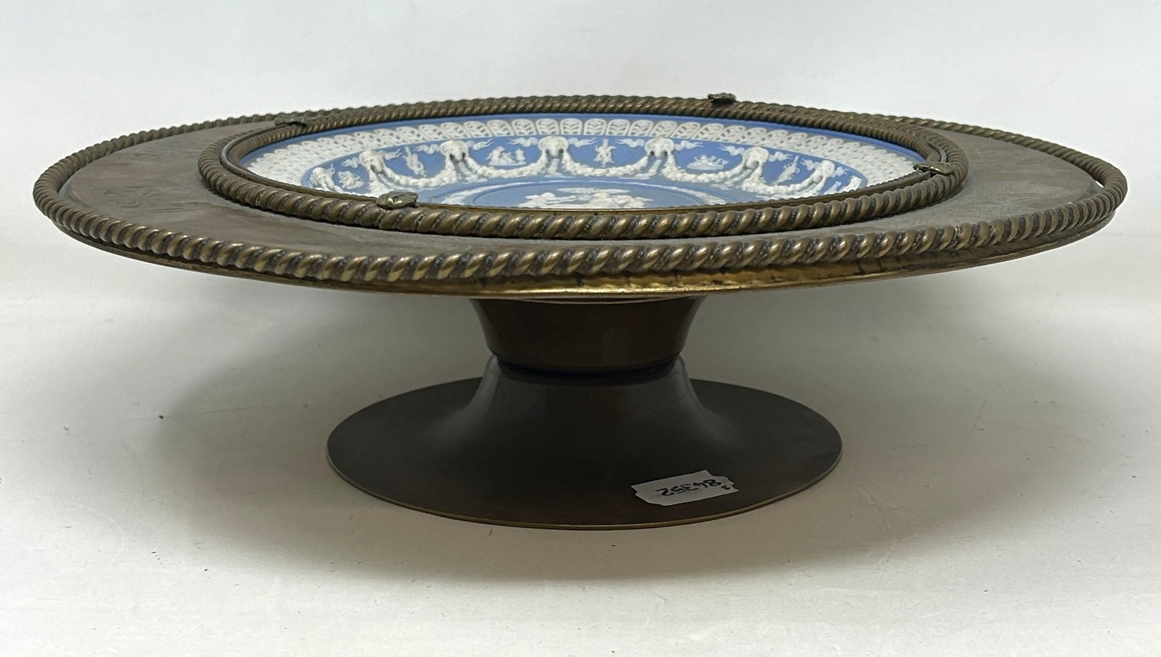 A Wedgwood style Jasperware plate, inset into a brass mount with engraved decoration, 33 cm diameter - Image 2 of 3