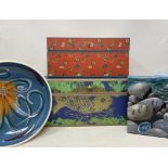 A painted jewellery box, assorted books prints and other items (2 boxes)