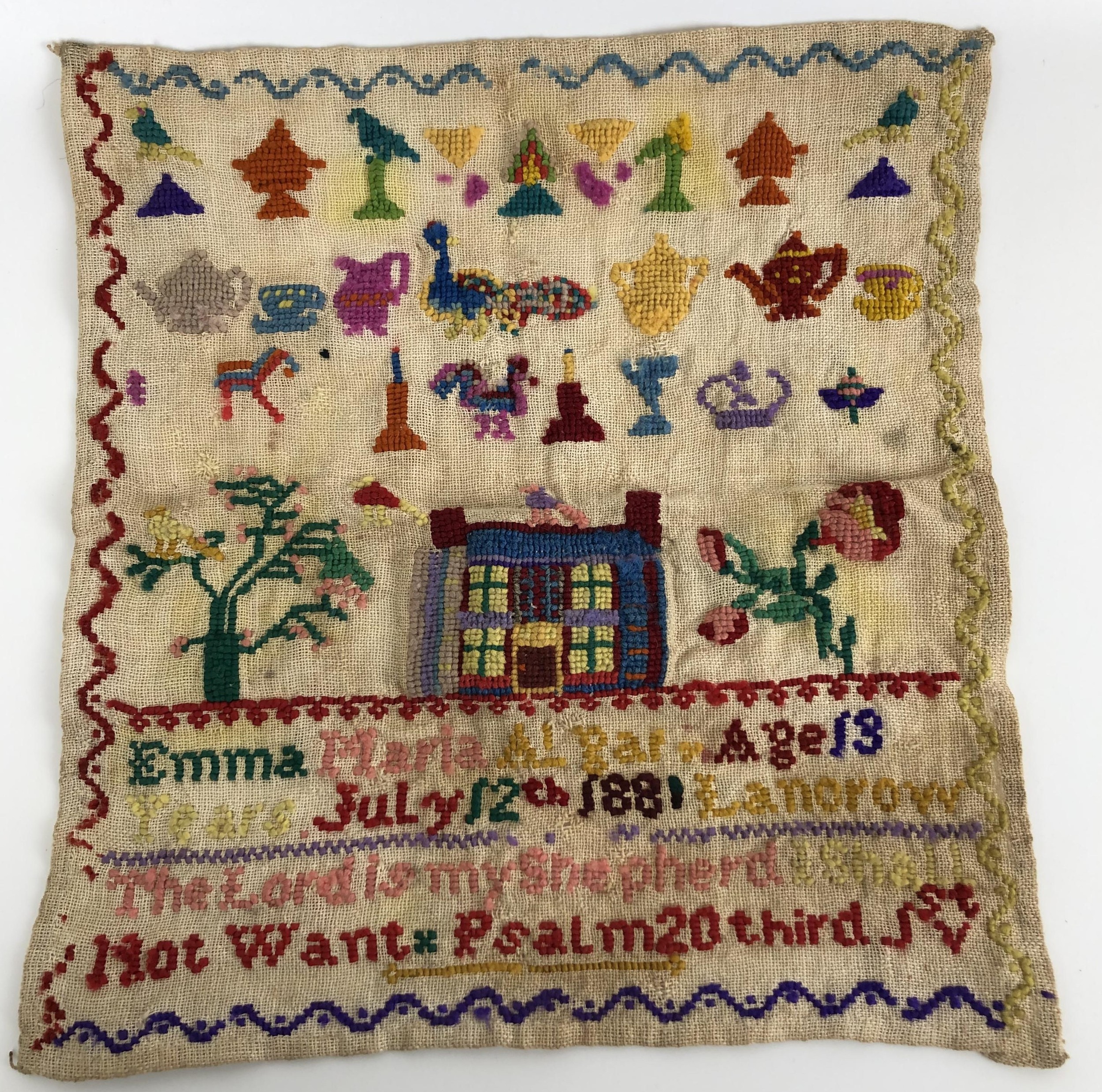 A Victorian sampler, by Emma Marie Elgar, aged 13, dated July 12th 1881, 32 x 28 cm