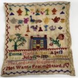 A Victorian sampler, by Emma Marie Elgar, aged 13, dated July 12th 1881, 32 x 28 cm