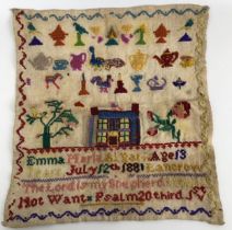 A Victorian sampler, by Emma Marie Elgar, aged 13, dated July 12th 1881, 32 x 28 cm