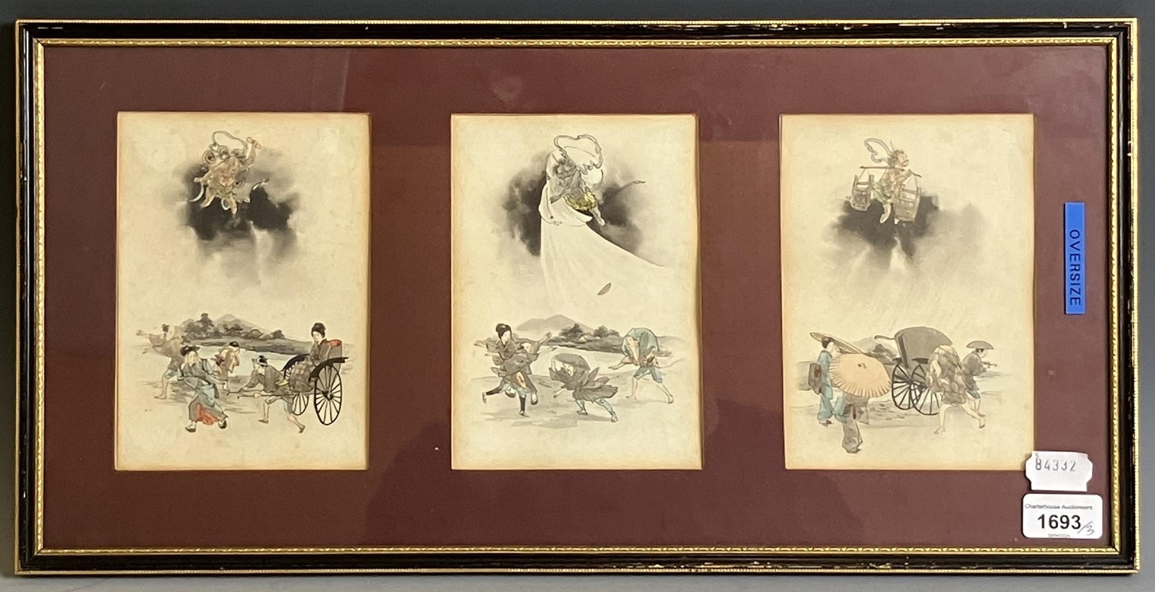 A Japanese fan picture, 50 cm wide, and a modern Japanese print, 33 x 50, a modern Chinese - Image 9 of 11