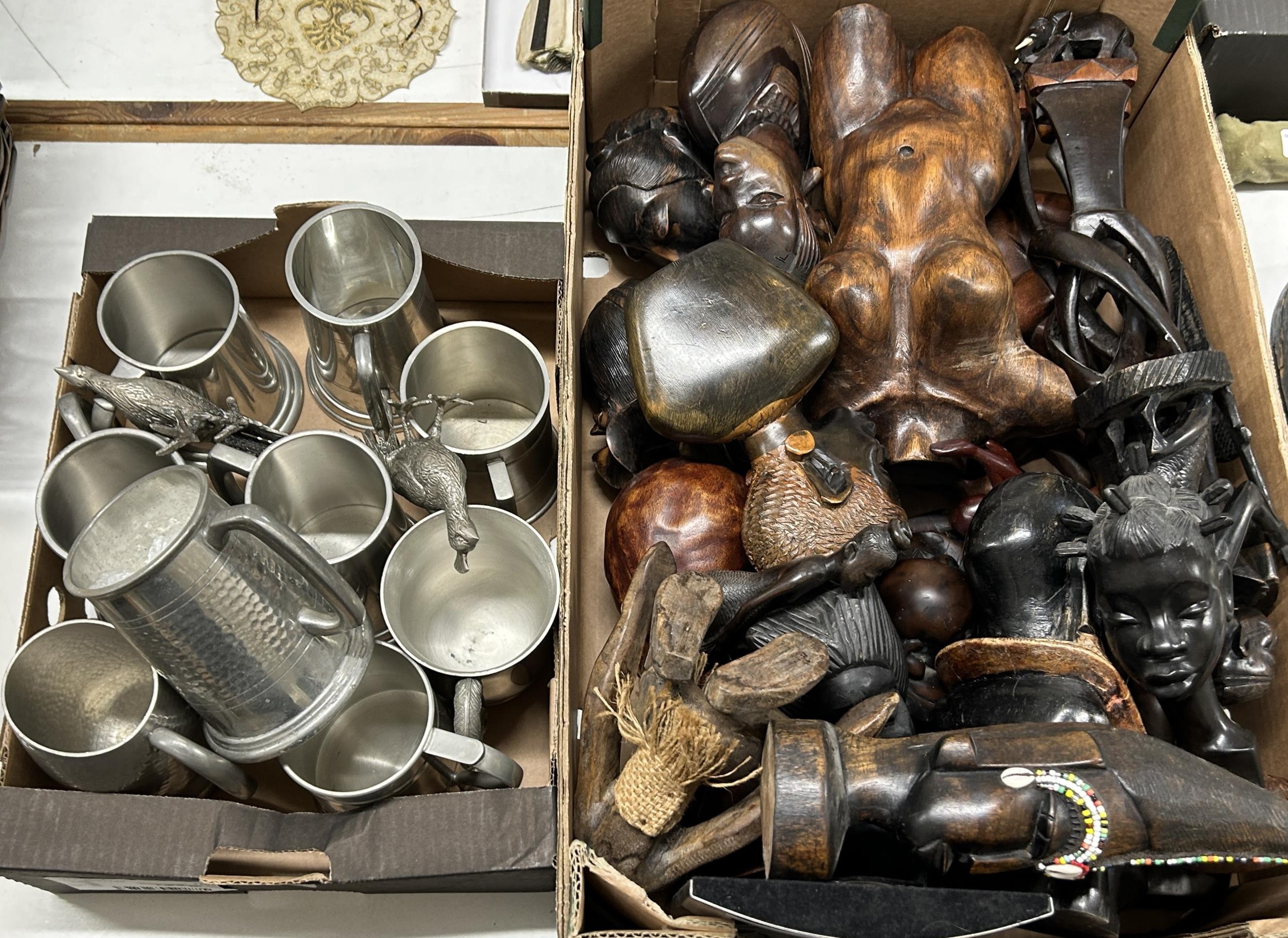 Assorted African carvings, pewter tankards, and assorted silver plate (2 boxes)