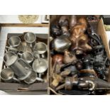 Assorted African carvings, pewter tankards, and assorted silver plate (2 boxes)